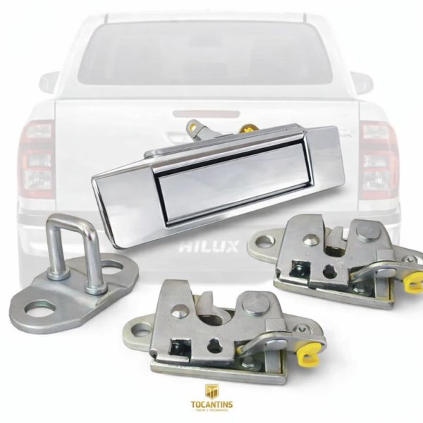 Kit 2 Fechadura + 2 Batentes + 1 Maçaneta de ferro cromada Da Tampa Traseira Hilux 2005 a 2009